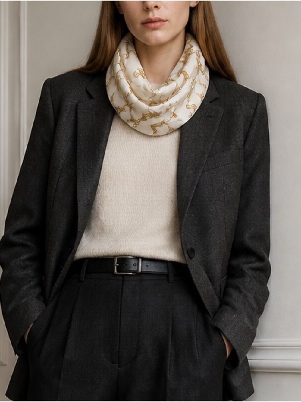 Escada Gold Chainlink Pattern Scarf Cream Background Logo Print